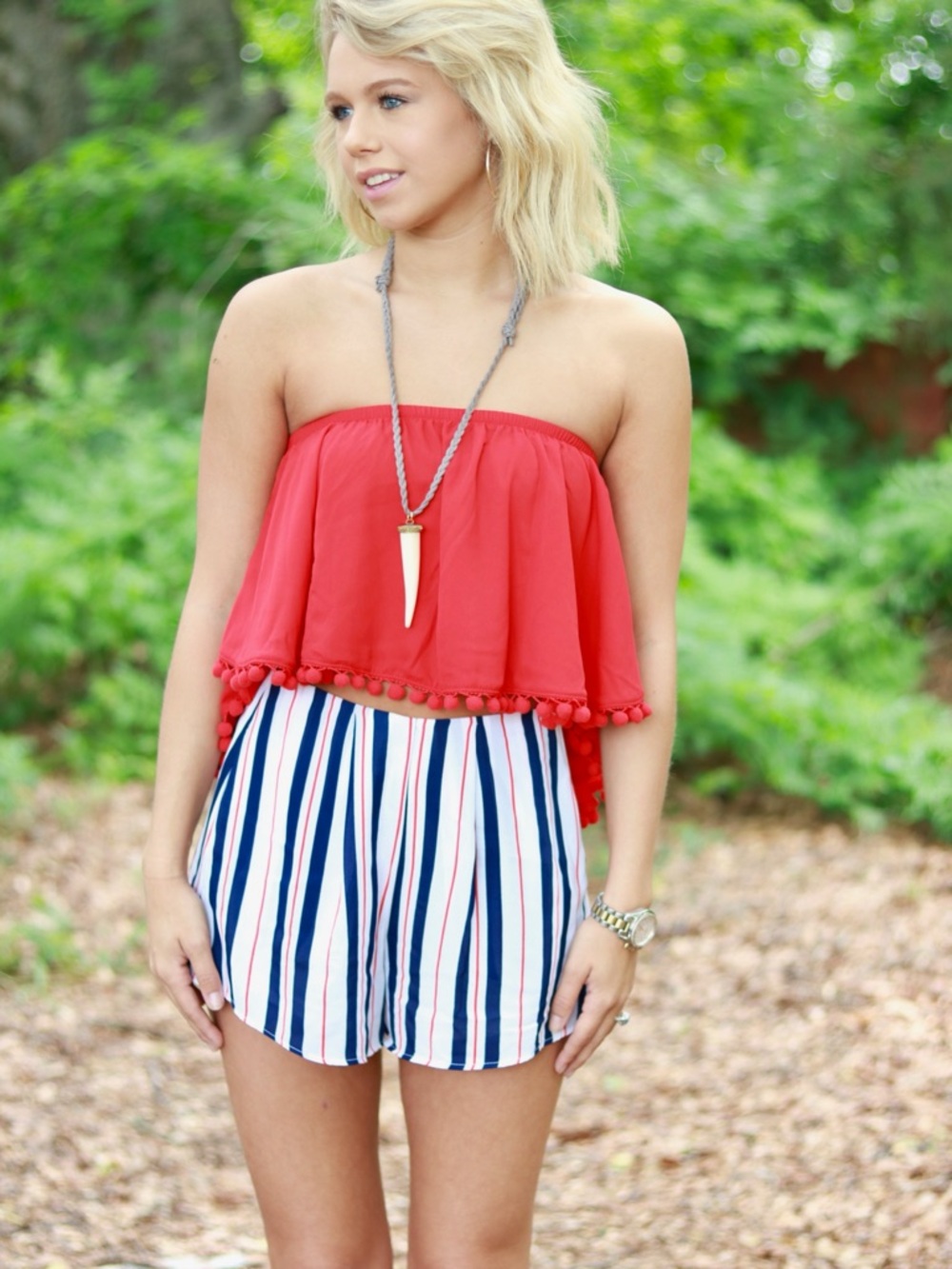 Show Me Your MuMu Red Pom-Pom Strapless Crop Top